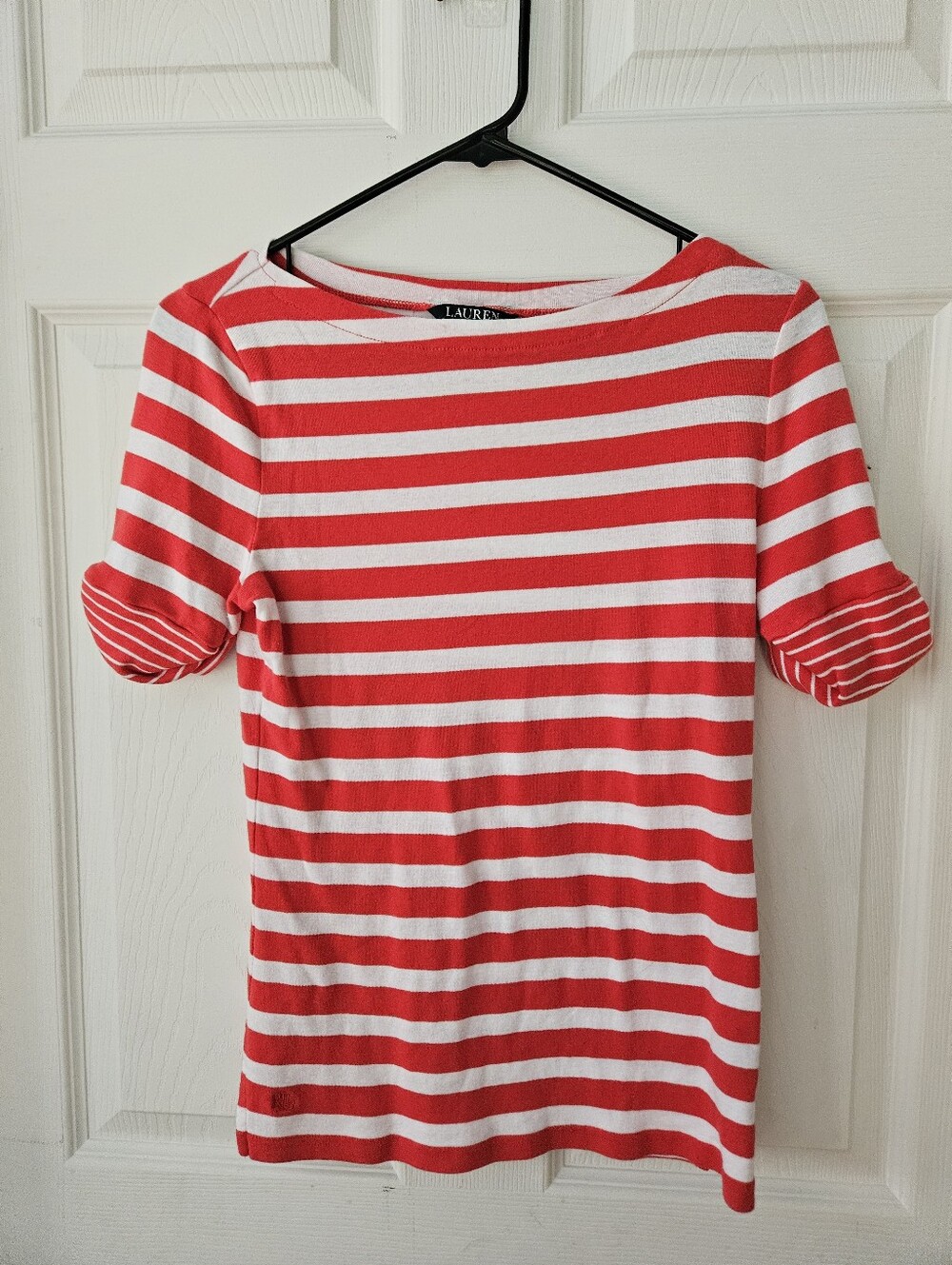 Lauren Ralph Lauren Red and White Striped Boatneck Short Sleeve Top